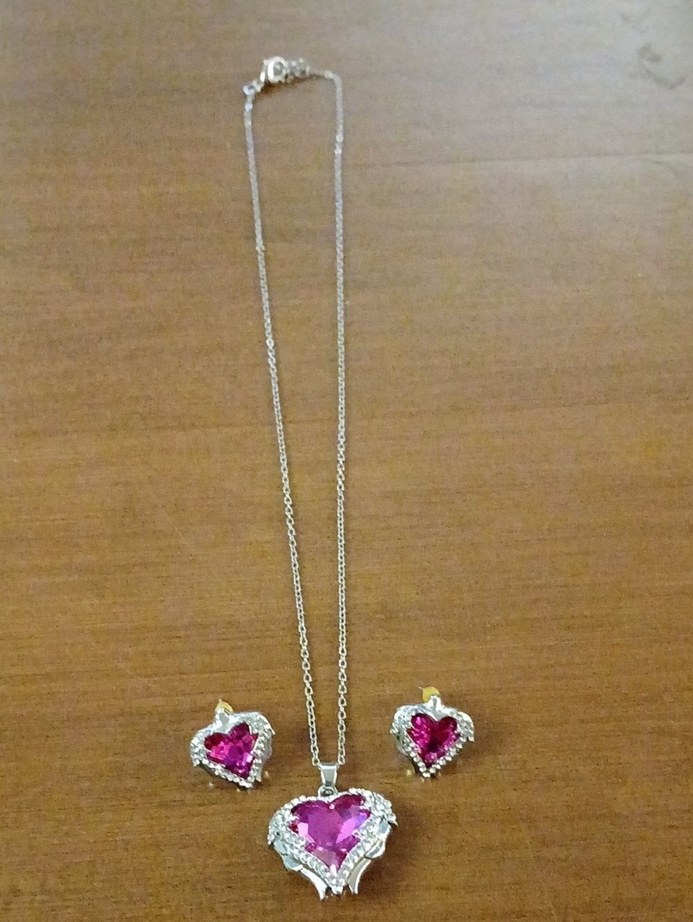 Vintage Heart-Shaped Pink Crystal Necklace and Earring Set Silver Toned